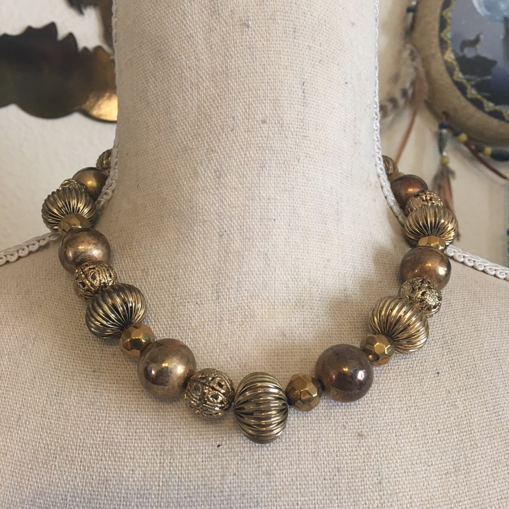 Antique gold tone filigree bead choker necklace